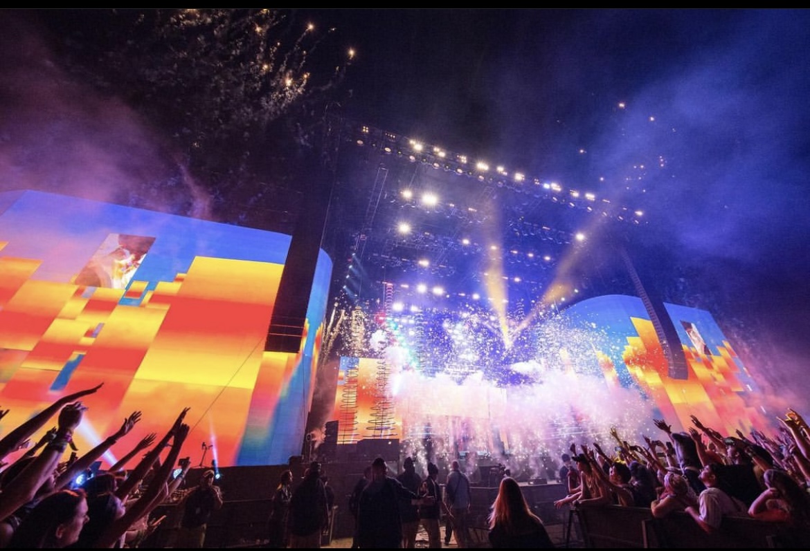 Massive concert LED stage with dynamic pyrotechnics and a large LED video wall