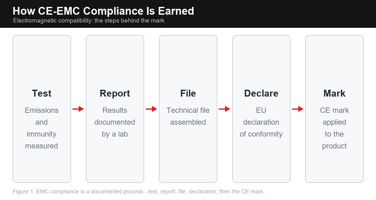 Five-step flow diagram of CE-EMC certification process