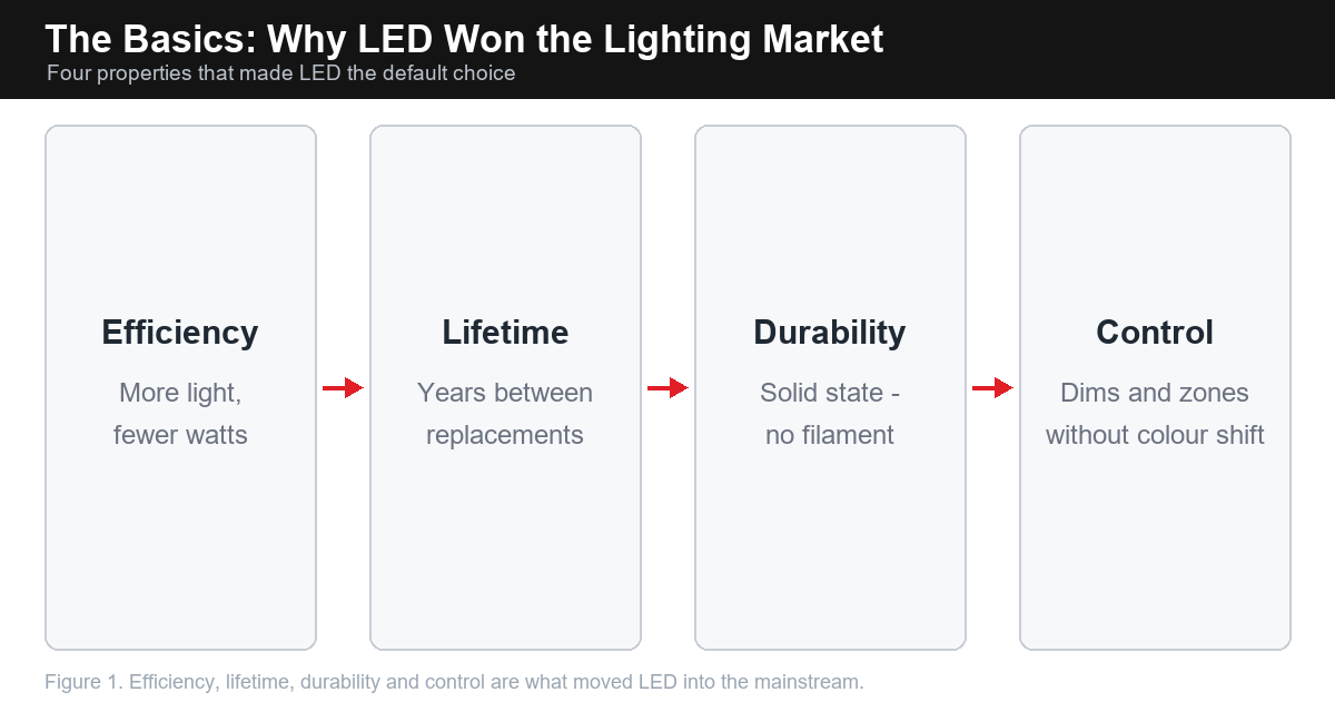 Four-step diagram of basic advantages of LED lighting