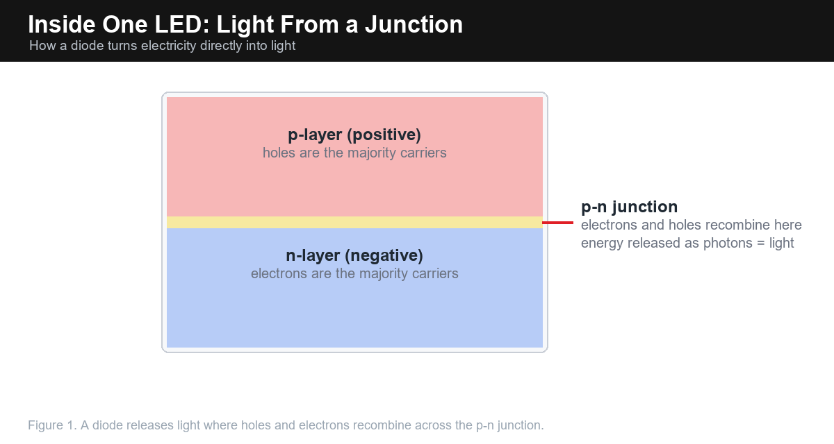 Diagram of a p-n junction LED showing hole and electron recombination producing light