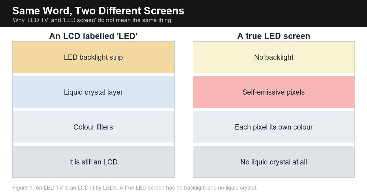 Cross-section comparing LED-backlit LCD television with a true LED screen