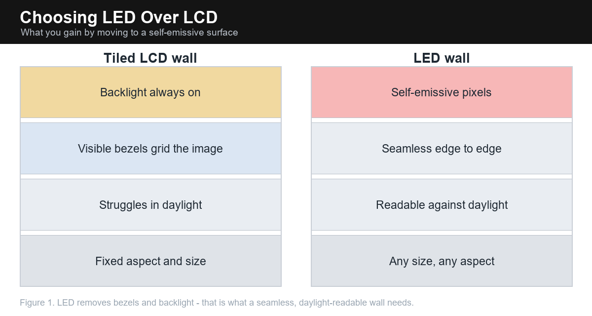 Cross-section comparing a tiled LCD wall with a seamless LED wall