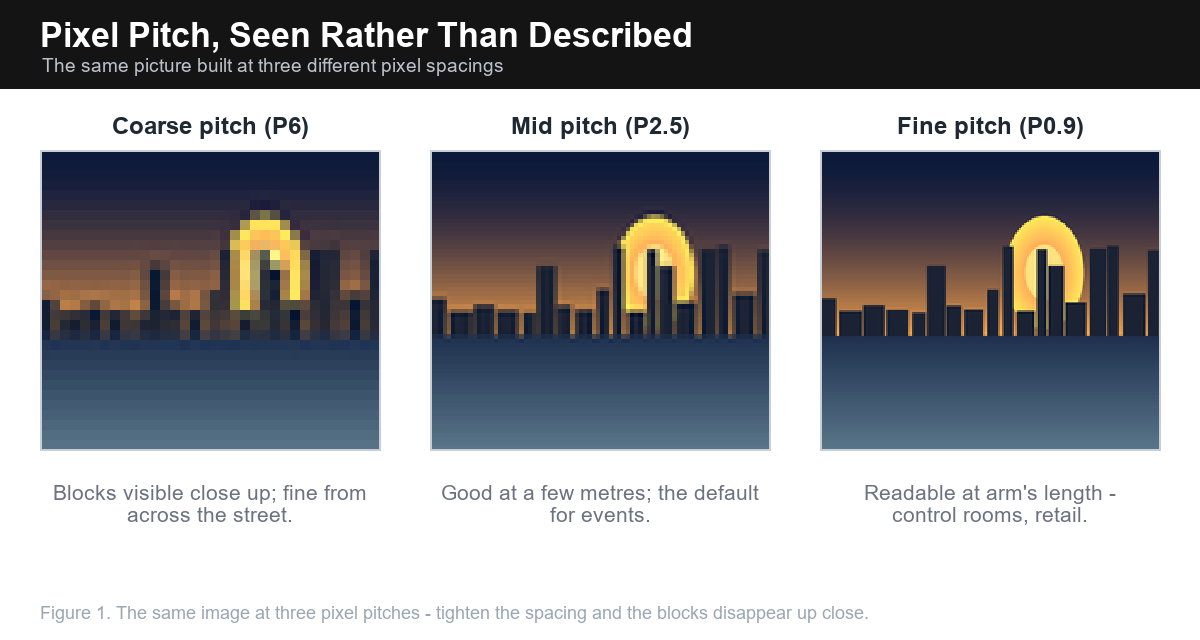Comparison of the same image rendered at coarse, mid and fine pixel pitch