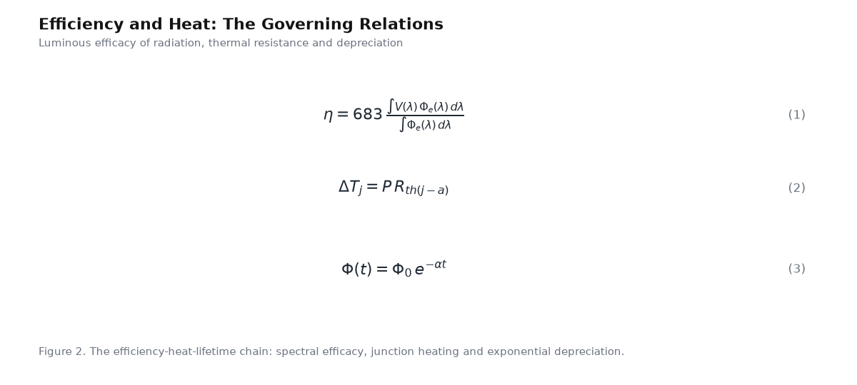 Equation panel for the article: Efficiency and Heat: The Governing Relations - three governing equations with numbering