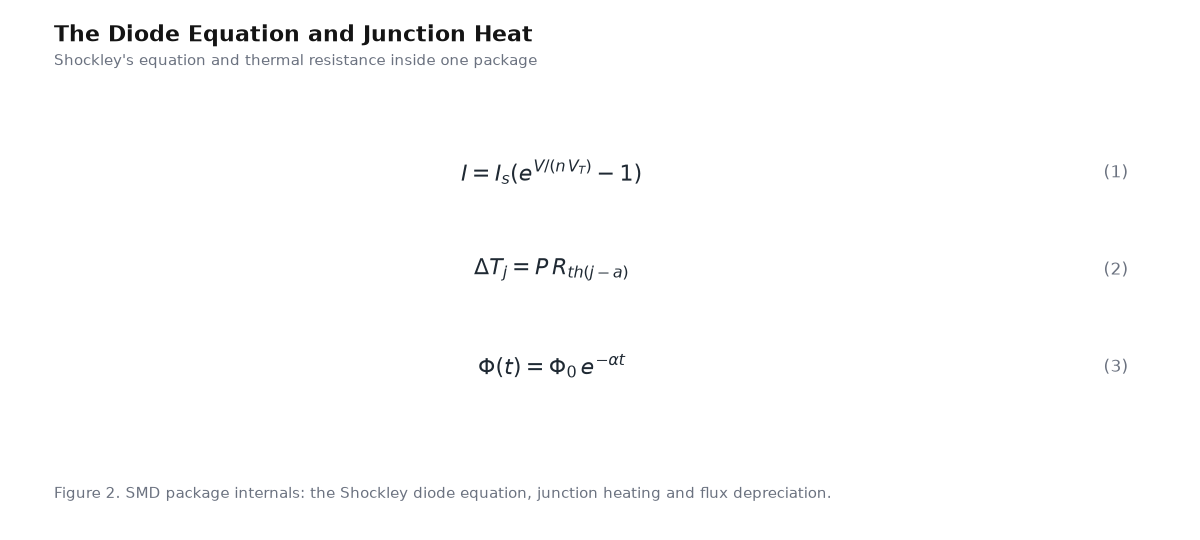 Equation panel for the article: The Diode Equation and Junction Heat - three governing equations with numbering