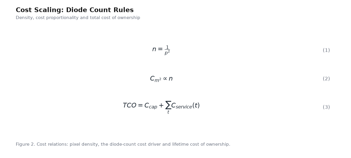 Equation panel for the article: Cost Scaling: Diode Count Rules - three governing equations with numbering