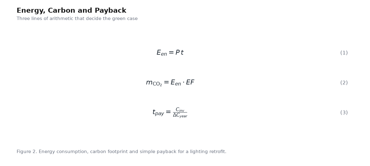 Equation panel for the article: Energy, Carbon and Payback - three governing equations with numbering