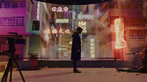 Virtual production stage with a curved LED volume displaying a live animated scene